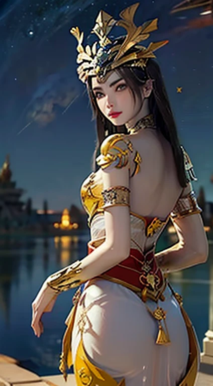 1 muito bonita, Caminhando sozinho, 27 anos, meninando um vestido de noiva, ao dai e joias de cabelo, jovem vestindo um ao dai branco, red and yellow silk pants, red and white hugging ao dai, tecido longo e fino, use com ao dai, elegant and mysterious dark version, crown of the head, hair jewelry with elaborate patterns, head jewelry, red lips, Thin and beautiful lips, sem brincadeira, Serious , detalhes finos, Antecedentes detalhados, Super Detalhe, magic light, beautiful lighting effect, rosto claro , cabelo na altura dos ombros, rosto bonito e bem proporcionado, (olhos amarelos transparentes : 1.8) , grandes olhos redondos e muito bonitos e meticulosos, vestindo seda ao dai, maquiagem misteriosa, jewelry in ao dai, franja lisa e tingida de amarelo claro, Medium-sized, mamas normais, oversized buttocks, flat stomach, linhas curva perfeita do corpo da menina, retr menina, metade sup Enforcado, Real e vivo, (Estrelas: 1.7), (zodiac sky: 1.8), fiction , Foto RAW, Photo of Vietnam Ao Dai, melhor foto, 8k, foto 8k de melhor qualidade, surreal, mais realista,