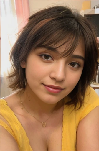 (Hermosa mujer latina, cabello corto, cabello ondulado y desordenado, labios gruesos, Arriba Rosa, escote profundo, mirada coqueta, sentada en una silla, en un salon de clases, (alta calidad, 4k, ultra detallado, fotorrealista:1.37), (retrato, colores vibrantes), (warm tones), (Soft lighting)