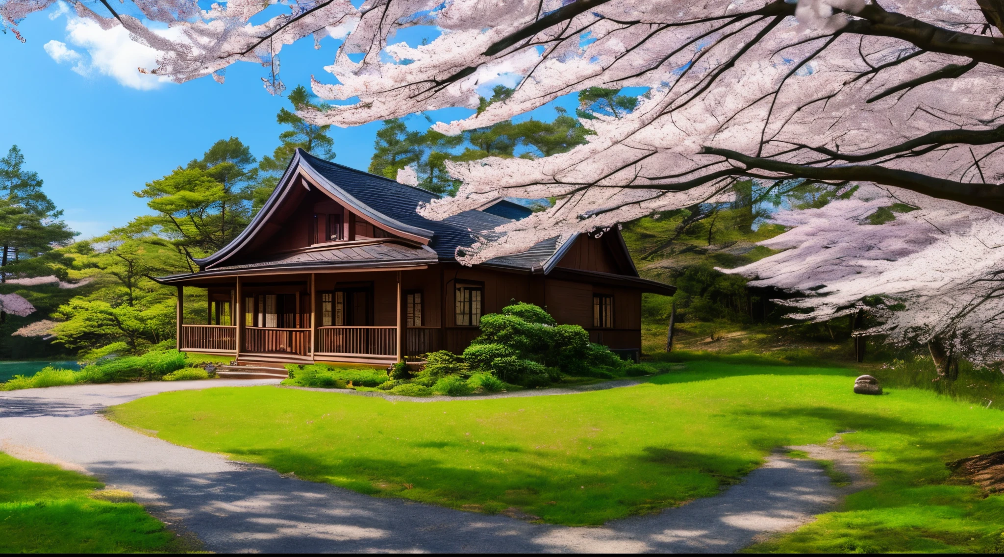 Masterpiece, very high quality, (highly detailed), a small house in the woods, (surrounded by cherry blossoms), next to a lake, no people, no cars, landscape, studio ghibli style