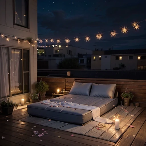 Create an image of an air mattress on a rooftop under the stars, with flower petals and candles strewn about.