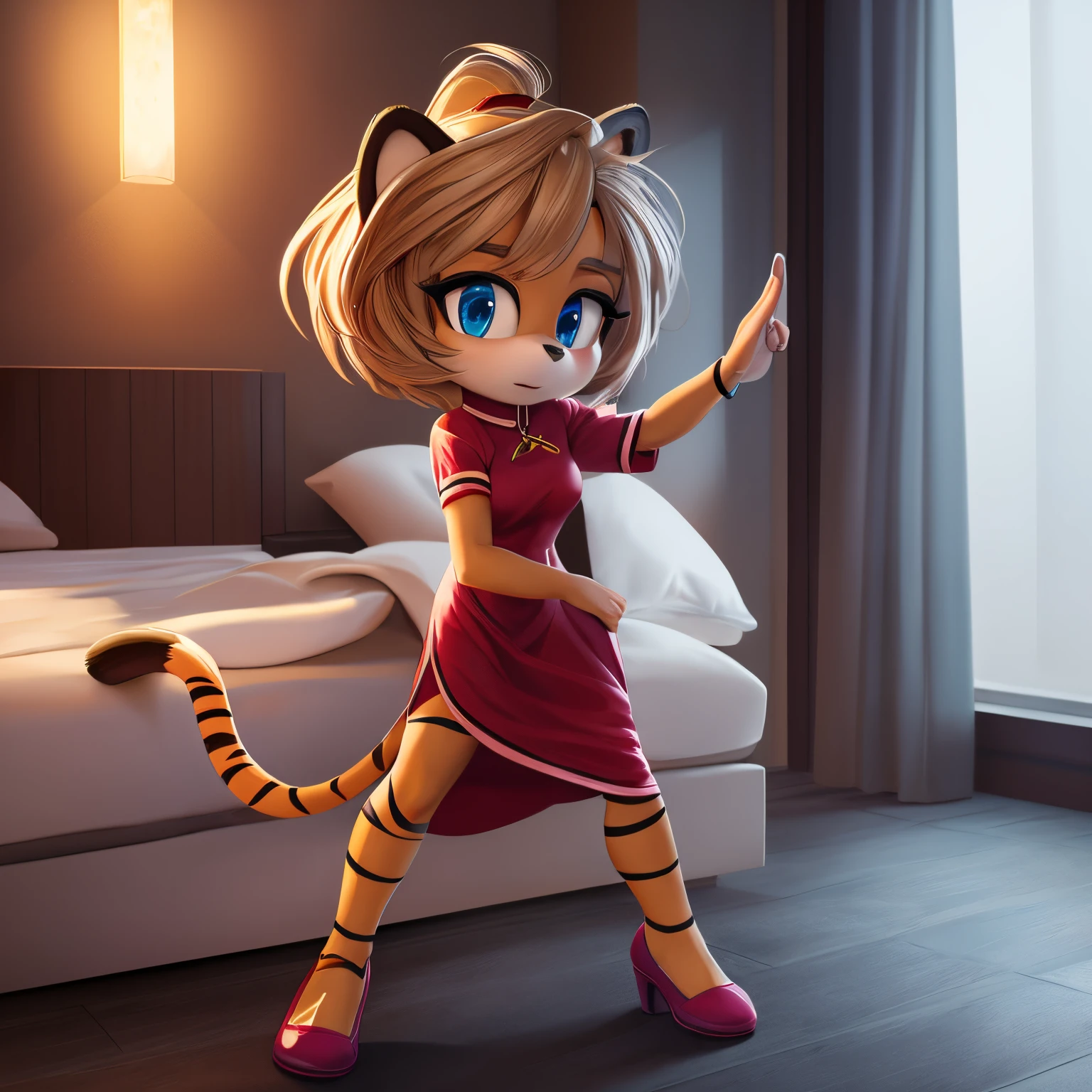Female, Mobian, Tiger, red cheongsam dress, Cold and Naive, fighting stance