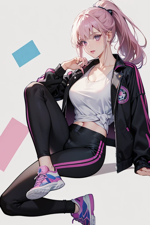 Tessa has a medium build with pale skin and mauve colored eyes and periwinkle highlights. She also has straight light periwinkle hair that is worn in a high ponytail with bangs, and she has pale mixed periwinkle eyeshadow and pale pink lipstick. For her first outfit, she has a white tank top shirt with a periwinkle and black jacket overtop. Her jacket has many badges and Korean symbols. Then, she has skin tight black yoga pants. There is a white stripe on the left pant leg with the word Rainbow across it. For her right leg, the yoga pants are only shorts and then she has a white sock that goes to her knee. Her shoes are mostly black with clear soles and periwinkle ascents.
