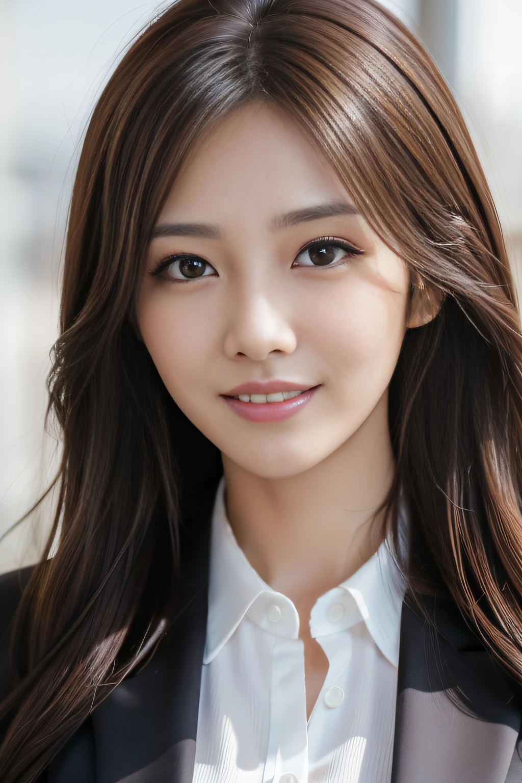masutepiece, Best Quality, Photorealistic, Ultra-detailed, finely detail, High resolution, 8K Wallpaper, 1 beautiful woman,, light brown messy hair, in a business suit, foco nítido, Perfect dynamic composition, Beautiful detailed eyes, detailed hairs, Detailed realistic skin texture, Smiling, Close-up portrait, Model body type