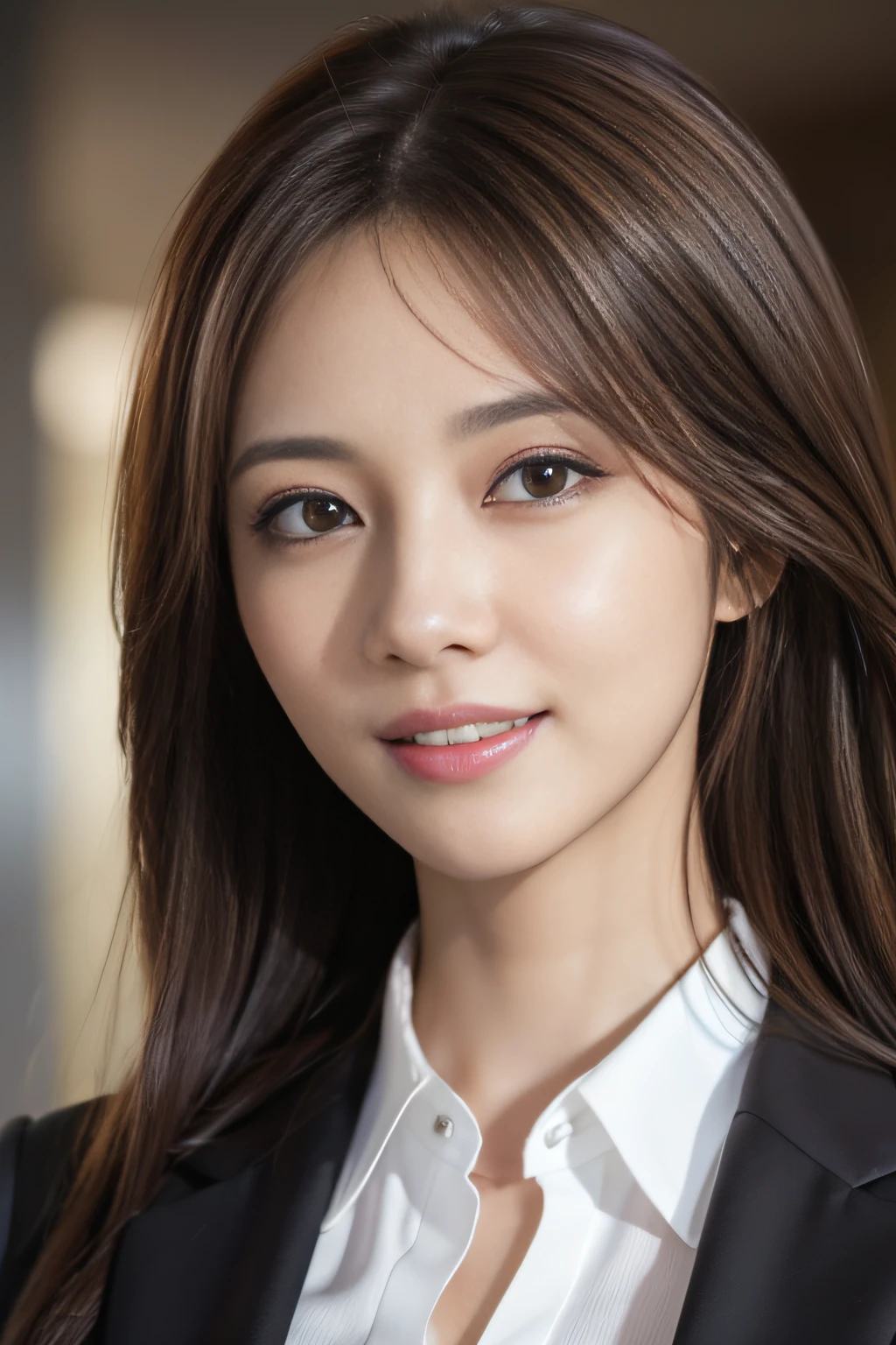 masutepiece, Best Quality, Photorealistic, Ultra-detailed, finely detail, High resolution, 8K Wallpaper, 1 beautiful woman,, light brown messy hair, in a business suit, foco nítido, Perfect dynamic composition, Beautiful detailed eyes, detailed hairs, Detailed realistic skin texture, Smiling, Close-up portrait, Model body type