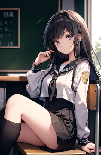 18year old、girl with、1 person、large and beautiful breasts、long black hair girl、High school students、(Pitch black sailor suit、)A slight smil、Sitting at a desk at school、put your hands on your thighs、Pinch your chest with your upper arms、from the front side、Looking up