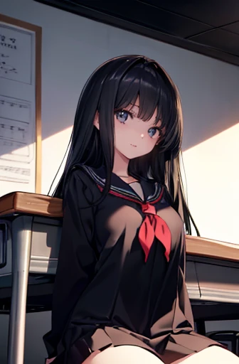 18year old、girl with、1 person、large and beautiful breasts、long black hair girl、High school students、(Pitch black sailor suit、)A slight smil、Sitting at a desk at school、put your hands on your thighs、Pinch your chest with your upper arms、from the front side、Looking up