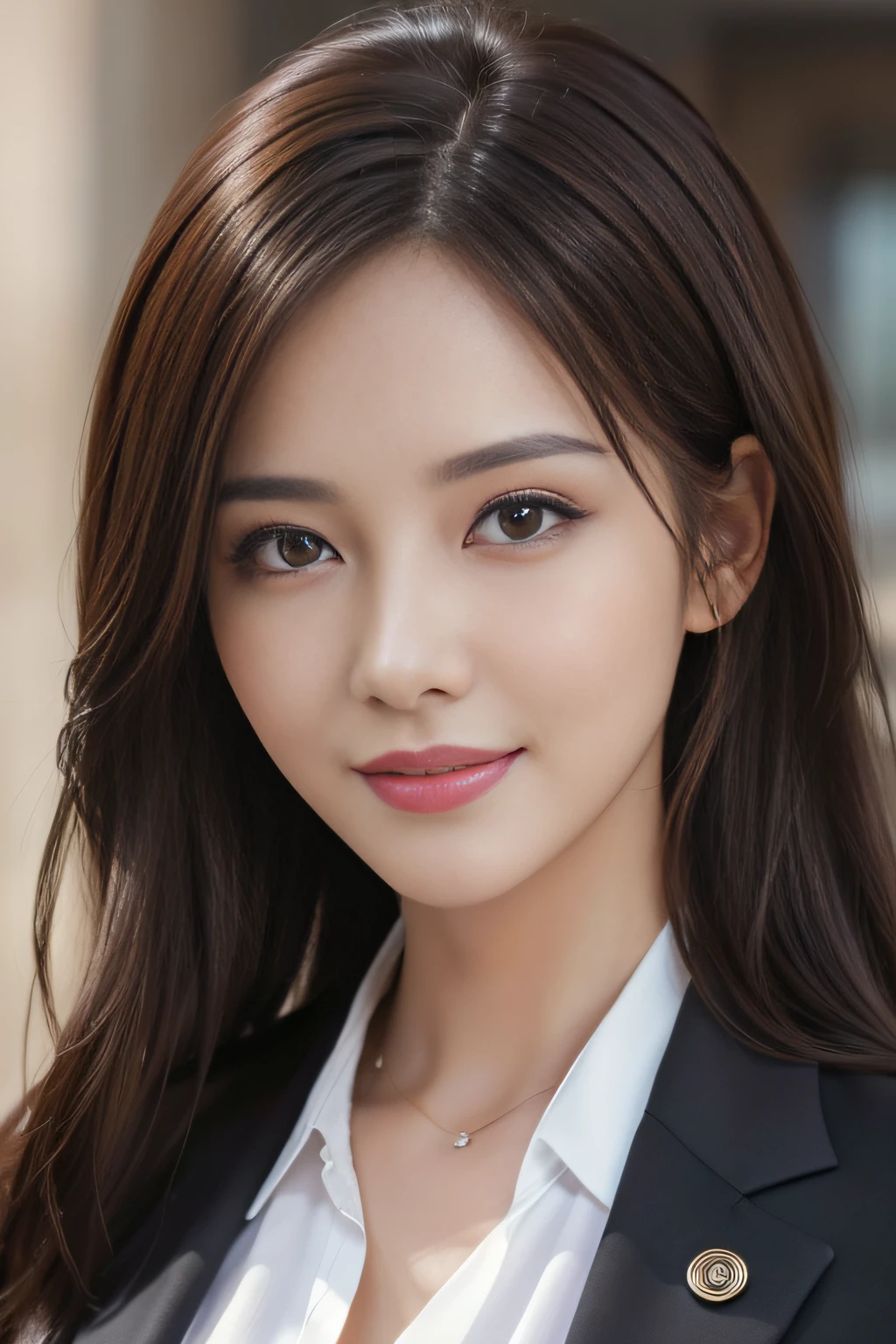 (Medium:1.2),(Best Quality,4K,hight resolution,masutepiece:1.2),(Ultra-detailed),(Realistic,Photorealsitic:1.37),Portrait,light brown messy hair,a professional business suit,Sharp Focus,Perfectly composed,Beautiful detailed eyes, detailed hairs, Detailed realistic skin texture,Smiling, Close-up portrait, slim figure