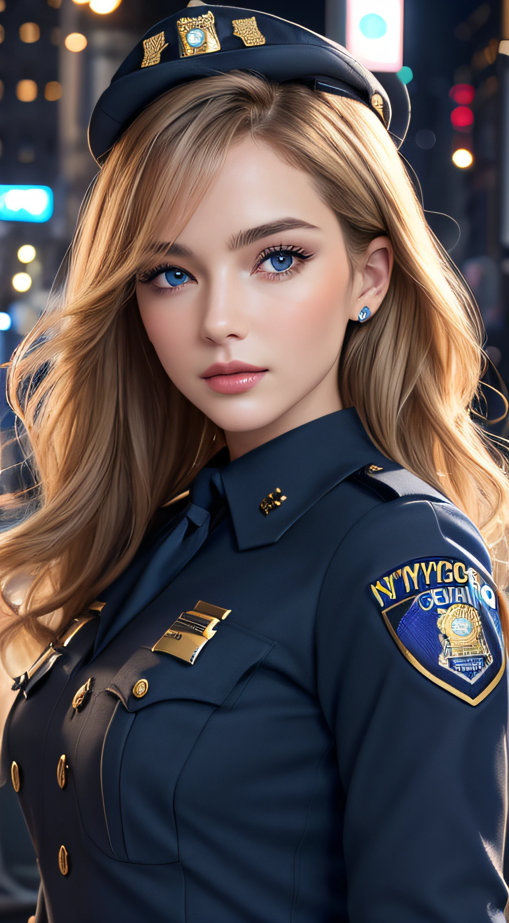 top-quality、hight resolution、ultra-detailliert、​masterpiece、Raw photography:2、realisitic:2、Photorealsitic:2、extremely delicate and beautiful、finely detail、 1womanl、(Super beautiful)、(beauitful face:1.5)、(A detailed face:1.5)、gala k-up、(lip stick:1.1)、(eye line:1.2)、mascara、eyeshadows、glamor、blue eyess、(Blonde and brown hair)、Wavy Hair、asymmetrical bangs、(new york police uniform:1.5)、city street at night、cowboy  shot