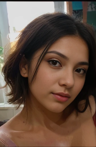 (Hermosa mujer latina, cabello corto, cabello ondulado y desordenado, labios gruesos, Arriba Rosa, escote profundo, mirada coqueta, en un salon de clases, (alta calidad, 4k, ultra detallado, fotorrealista:1.37), (retrato, colores vibrantes), (warm tones), (Soft lighting)