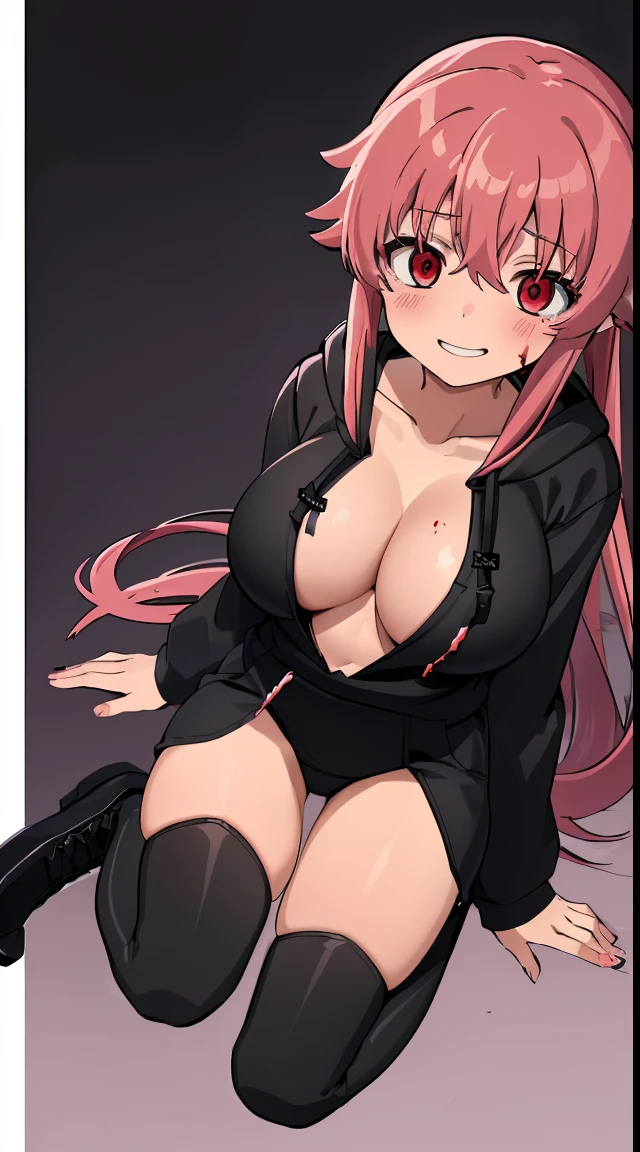 (masterpiece,4k,high quality,delicated background), 1girl, solo, gasai yuno, (large breasts:1.5), (long sleeved black hoodie:1.5), (under boob:1.1), red eyes, black jeans, black lace high boots, blood splatter, blood stain, blood stained clothes, (crazy expression,crazy eyes,crazy smile)