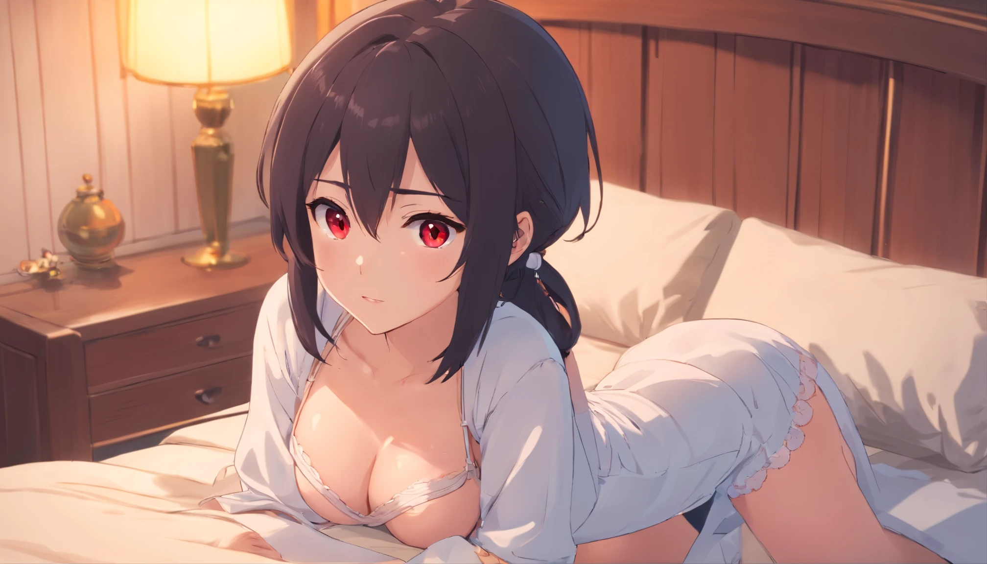 Detailed caricature, Young caucasian girl with straight black hair and dark red eyes, porcelain white skin, full bodyesbian, Big breasts paired with white suspender nightgown, Lie down in bed,high qulity, A high resolution, 8K, hdd, (Well-designed body), amazing body, (超詳細), pretty eyes, ultra - detailed, hyper realisitc, barechested, NSFW, 's, Big breasts that expose the , girl, , Naughty girl,