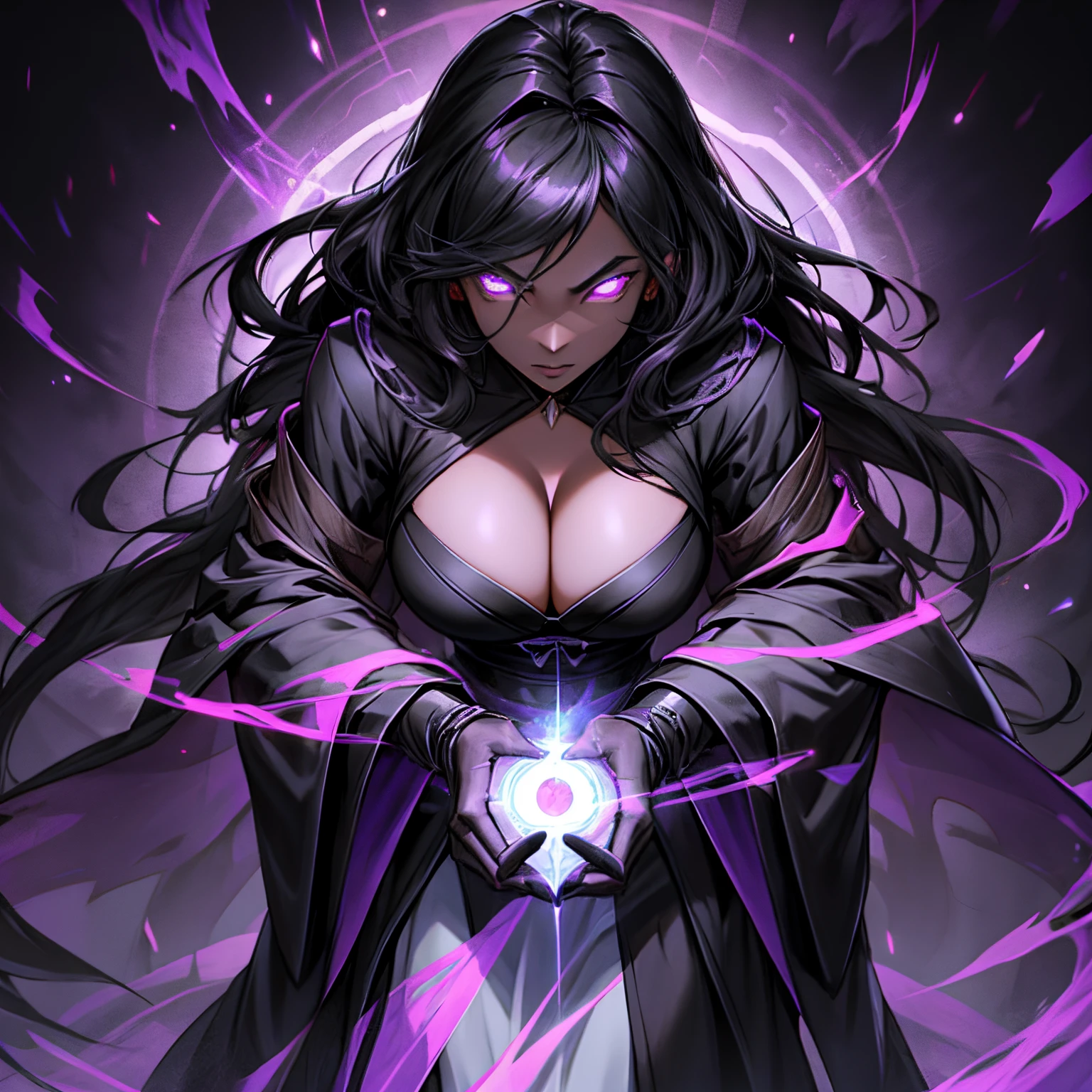 Ebony skinned shadow wizard with long black hair, glowing purple perfect eyes, busty, showing cleavage, flowing purple robes, casting shadow spells
