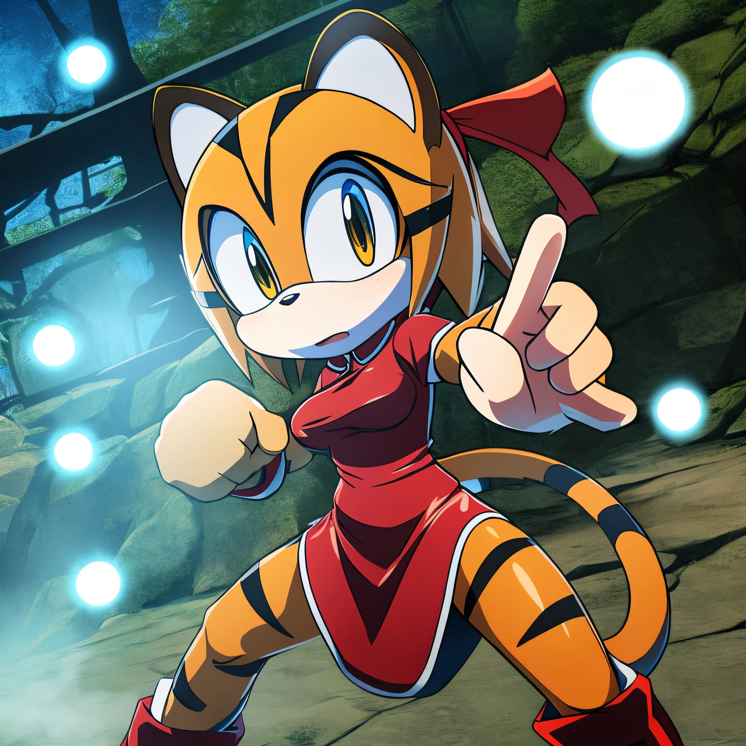 Female, Mobian, Tiger, red cheongsam dress, Cold and Naive, fighting stance, ((2D Anime Style))
