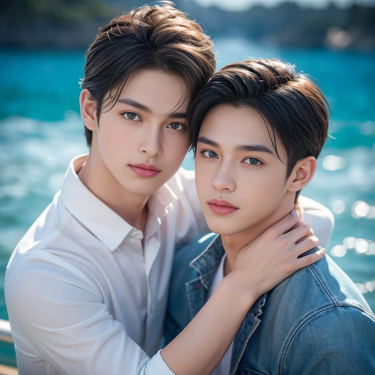 (Masterpiece:1.2, Best Quality),  (Exquisite eyes and exquisite face:1.3), ( beautiful and clear background: 1.2), Bright and contrasting colours, extremely detailed CGI, Super detailed, 
“Create an image of two attractive teenage boys with the appearance, what catches your eye. ito&#39;Thick, soft hair falls on the forehead, giving them a stylish and casual look. Both boys have adorable blue eyes............., it looks like the ocean, full of mystery and sensuality. boys&#39;Their faces are decorated with a sincere smile, expressing your kindness and cheerfulness. They can be dressed in fashionable clothes, highlighting your style and personality. Create the perfect look for them, it will attract attention and leave an impression."