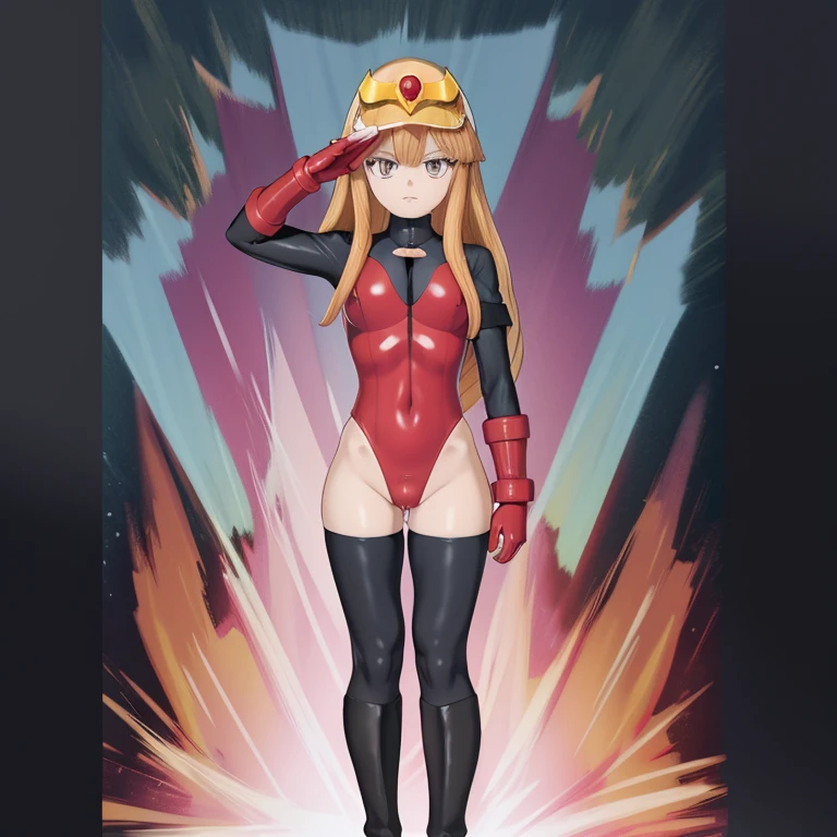 Masterpiece, Best Quality, Highly detailed, illustration, absurdres, street fighter, doll suit, shadaloo doll, nazi saluting, military, military saluting, salute, 1 girl, solo, expressionless, emotionless eyes, looking at viewer, red gloves, emotionless, black latex, corrution, zofa suit, zofa soldier, mind control, female combatant, full body, hypnotized, standing, standing at attention, unhappy trance, full body suit, leotard, eagle emblem, belt, yuka goha, yugioh sevens, brwon hair, long hair, grey eyes