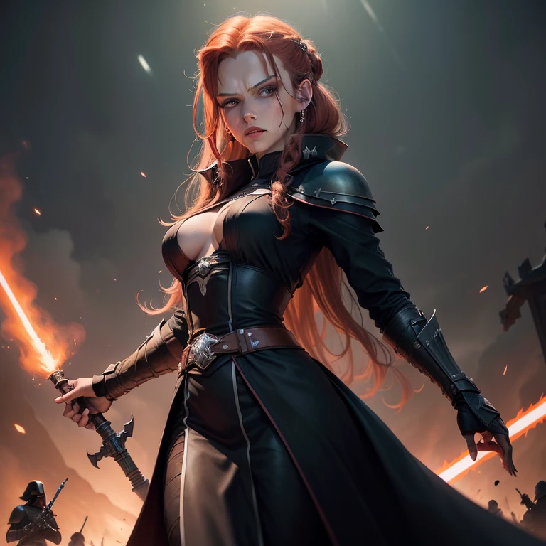 full-length portrait, von Sith-Lord (Krieg der Sterne, beautiful woman with medium sized breasts, tiefer Ausschnitt, fester Hintern, Schwarze Robe), Meisterwerk ((hight resolution)), redhead girl, 26 Jahre alt, rotes lockiges Haar, lockiges Haar, nasty gaze (White teeth), Amazing green eyes, kampfbereit, Lichtschwert in der Hand (Krieg der Sterne, rote Klinge), ((Sauer)), Krieg der Sterne (Lichtschwert rot, In der Hand haltend, ignited, kampfbereit), schwarze klamotten, Sexy Outfit, angry expression on his face (nasty gaze, diabolisch), five fingers on the hand, (mad), (mordouight), Armor on the upper body, Energie blitzt auf (surrounds the hands, blau blinkt, 20 cm lang), rote haare, haare (rot), opfer am boden (Mensch, von Star Wars (Jedi, Jedi-Robe)