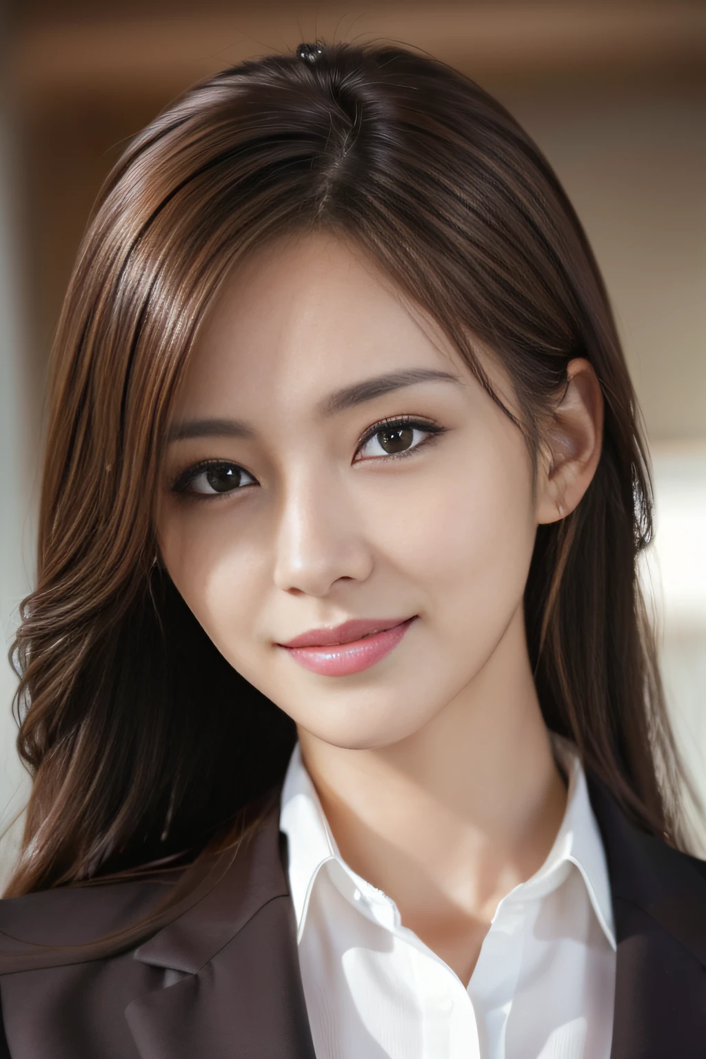 masutepiece, Best Quality, Photorealistic, Ultra-detailed, finely detail, High resolution, 8K Wallpaper, 1 beautiful woman,, light brown messy hair, in a business suit, foco nítido, Perfect dynamic composition, Beautiful detailed eyes, detailed hairs, Detailed realistic skin texture, Smiling, Close-up portrait, Model body type