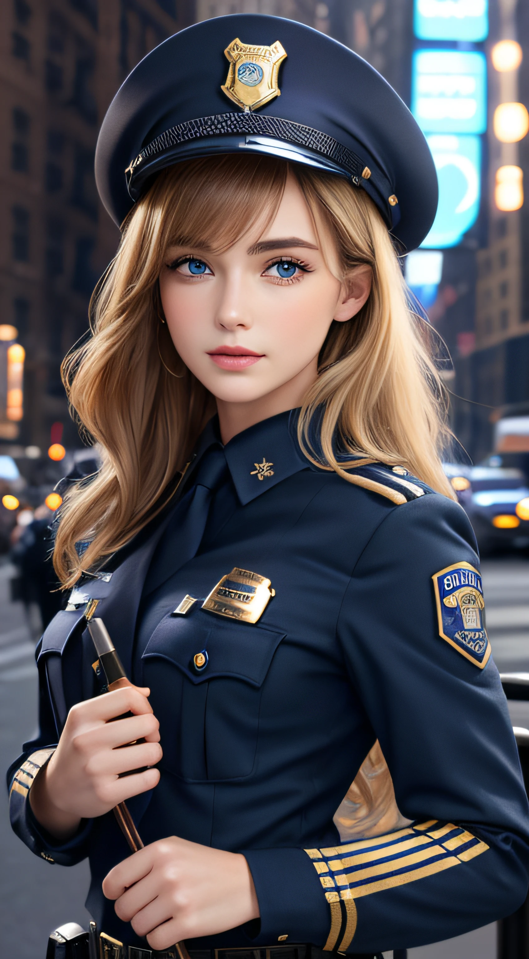 top-quality、hight resolution、ultra-detailliert、​masterpiece、Raw photography:2、realisitic:2、Photorealsitic:2、extremely delicate and beautiful、finely detail、 1womanl、(Super beautiful)、(beauitful face:1.5)、(A detailed face:1.5)、gala k-up、(lip stick:1.1)、(eye line:1.2)、mascara、eyeshadows、glamor、blue eyess、(Blonde and brown hair)、Wavy Hair、asymmetrical bangs、(new york police uniform:1.5)、city street at night、cowboy  shot