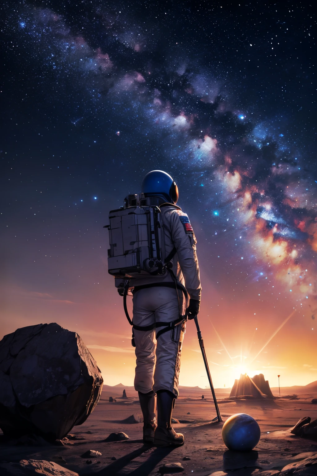 astronaut walked on a lifeless planet just stone, back vision, in the background a galaxy, nebulosa, com centro brilha-te refletindo., detalhado.