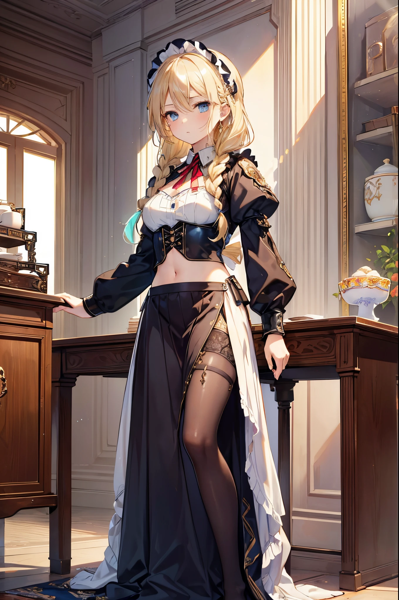 ((best quality)), ((masterpiece)), (detailed), perfect face, Solo, 1 girl, serious expression, detailed eyes, shiny skin, shiny hair, blue turquoise eyes, blonde hair, ((tall)), braided hair, ((long braided hair)), 1 braid, armored maid outfit, full body, shiny hair, shiny skin, midriff, small breasts, coffee shop, red tie,