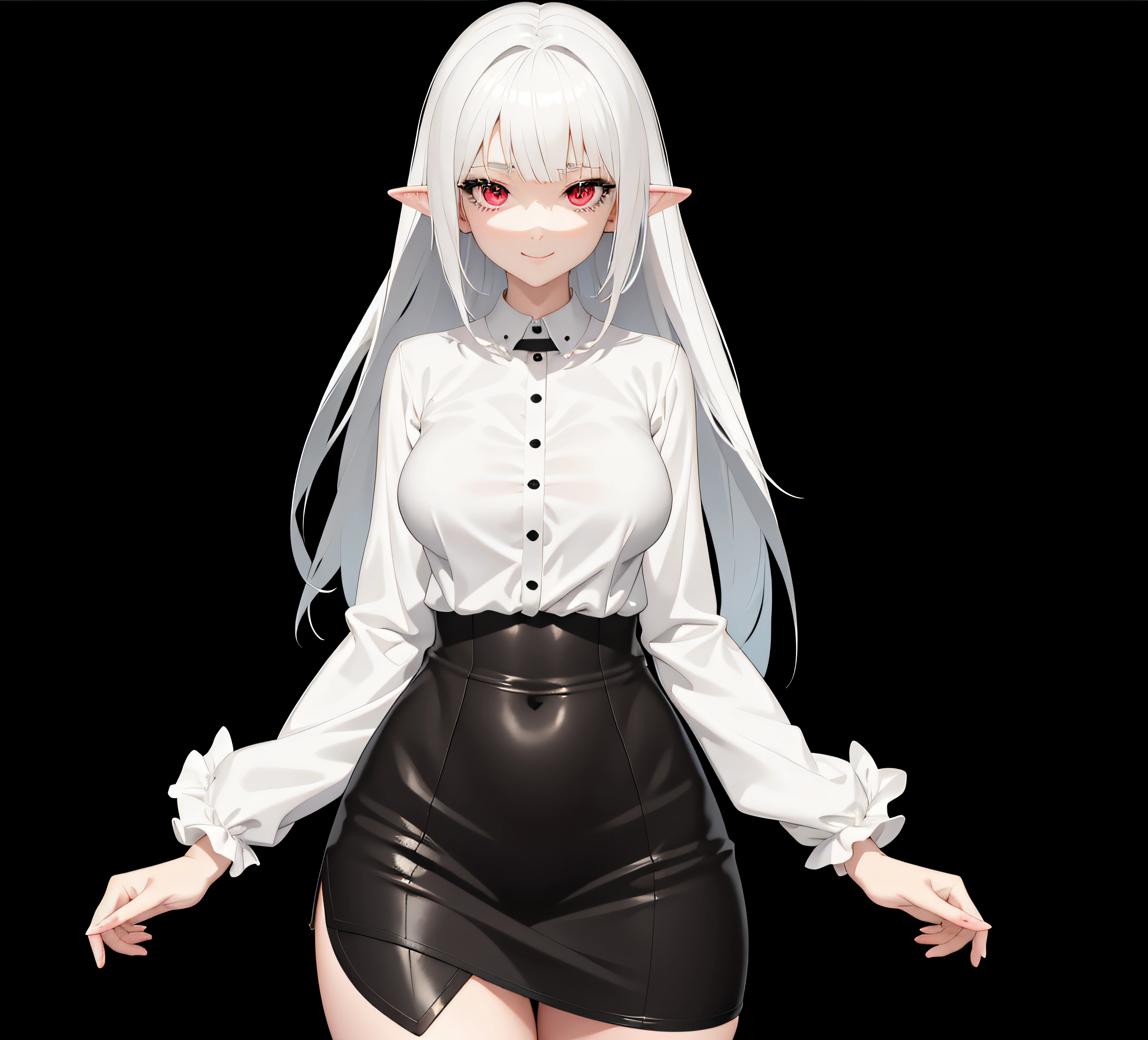 Anime girl with white hair and black skirt posing for photo, Rendering of a cute 3D anime girl, highly detailed character, Gormo Adrian Grimdak, Anime style 3D, Gaimoyedre, render of april, Demon anime girl, standing and smiling pose, anime vtuber full body model, A single character full body, Full body figures,,sexy women,Tight fitting shirts,anime figure,Huge big breasts