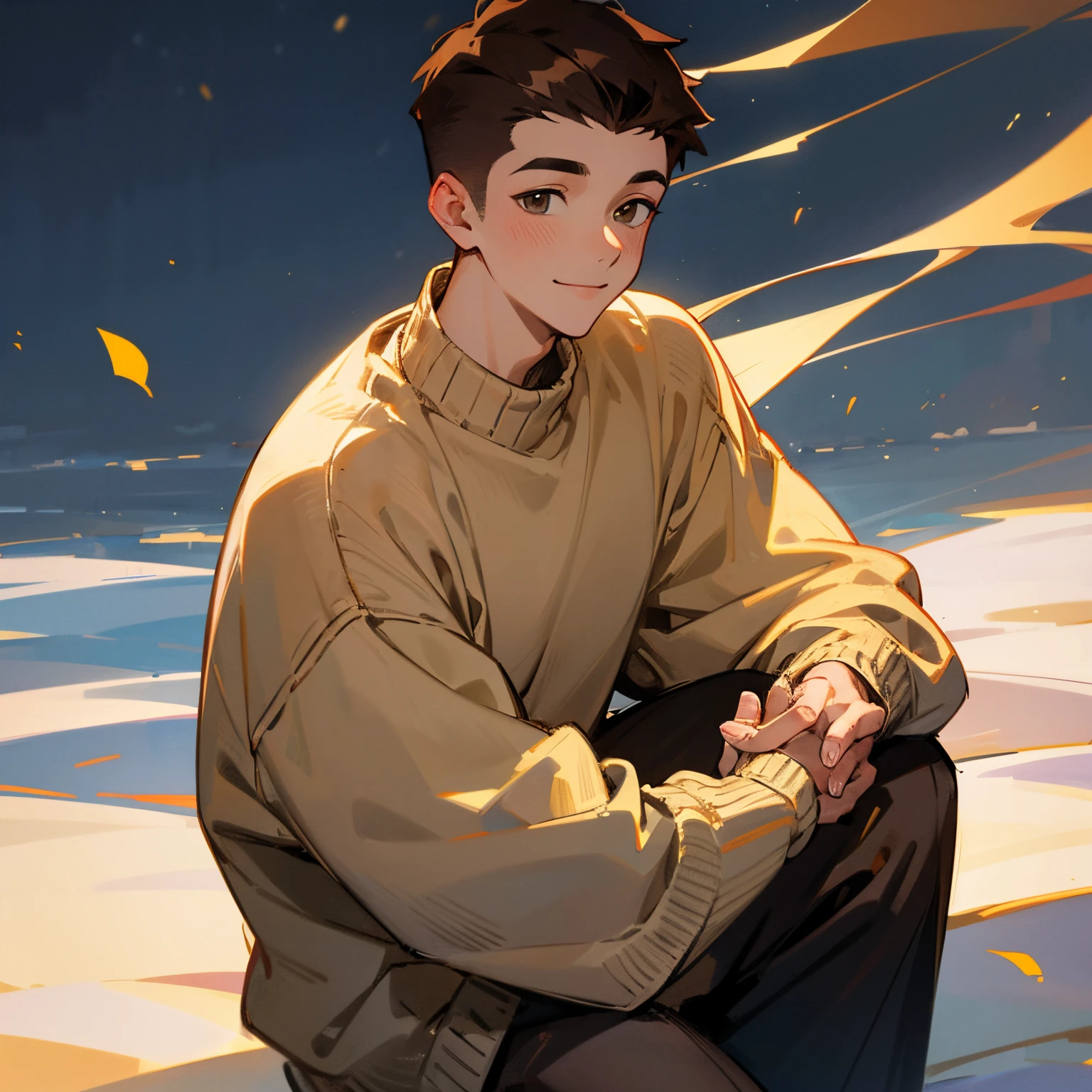 Young men, 20yr old, brown-haired, mid fade haircut, Wearing a sweater,A slight smil、Winters
