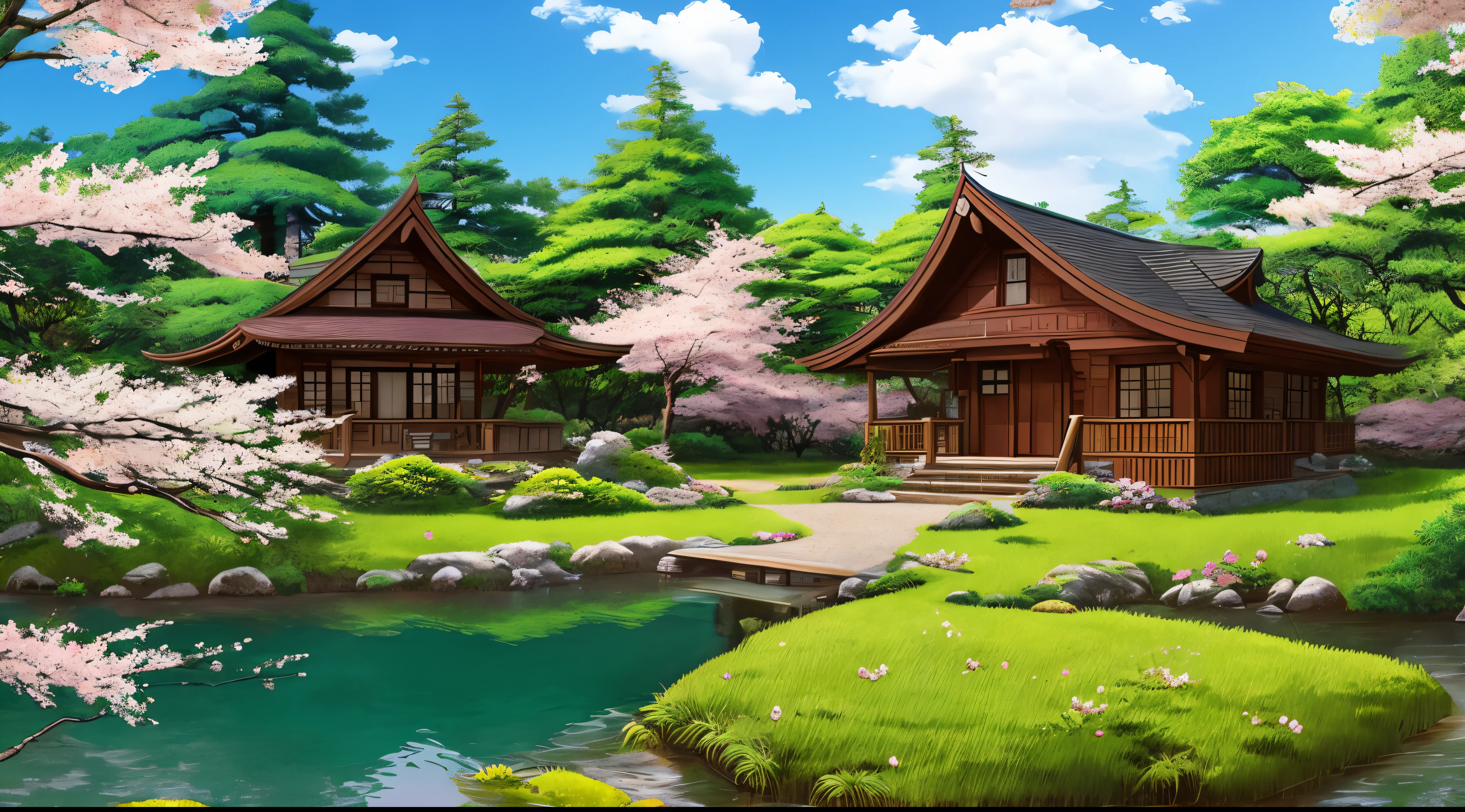 Masterpiece, very high quality, (highly detailed), a small house in the woods, (surrounded by cherry blossoms), next to a lake, no people, no cars, landscape, studio ghibli style