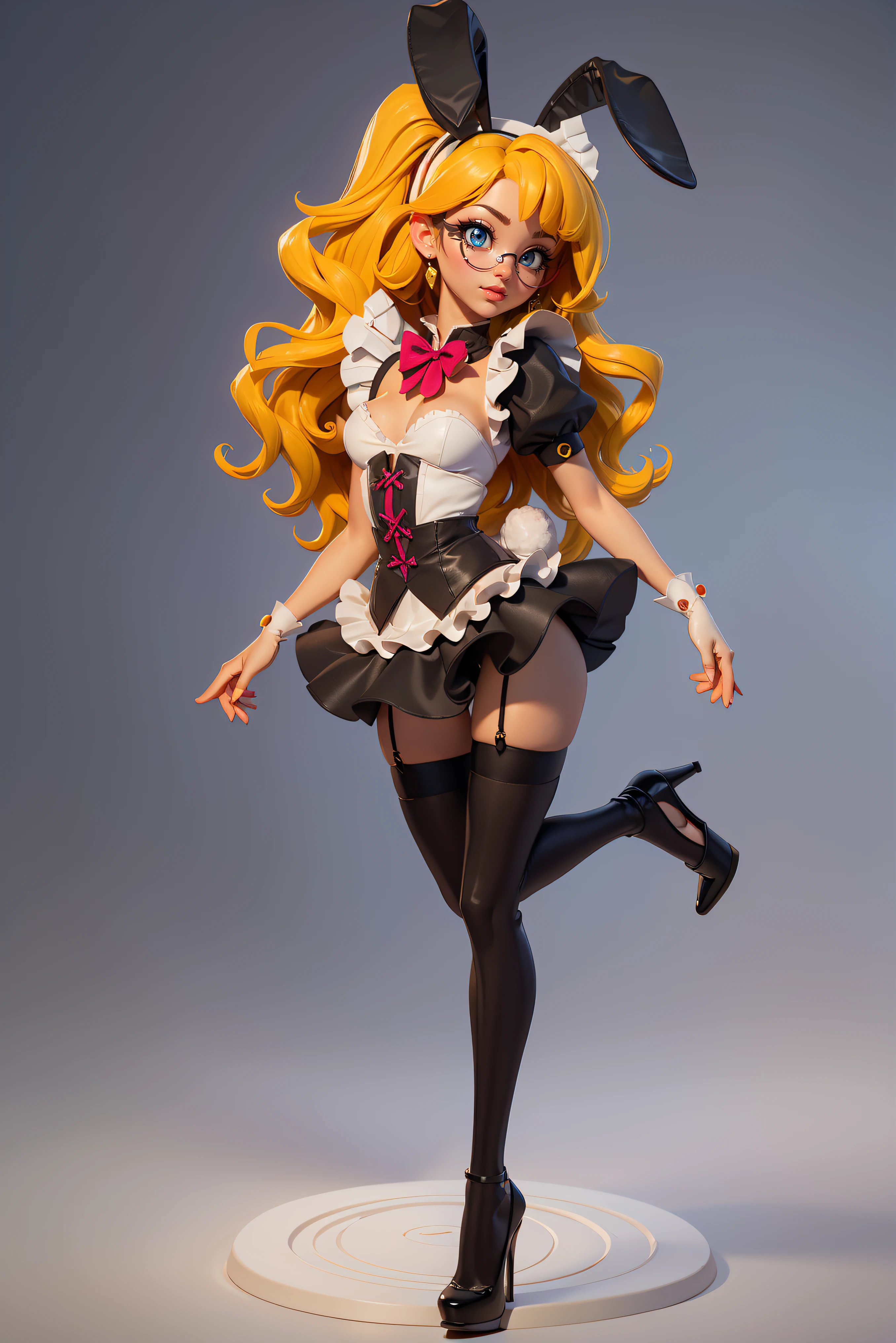 masterpiece, high res, 4k, (perfect anatomy:1.5), perfect long legs, perfect arms, white bunny ears, long blonde hair, maid outfit, stockings, black high heels, cute face, rose cheeks, (large round black rimmed glasses), tiny body, sexy pose, sexy body