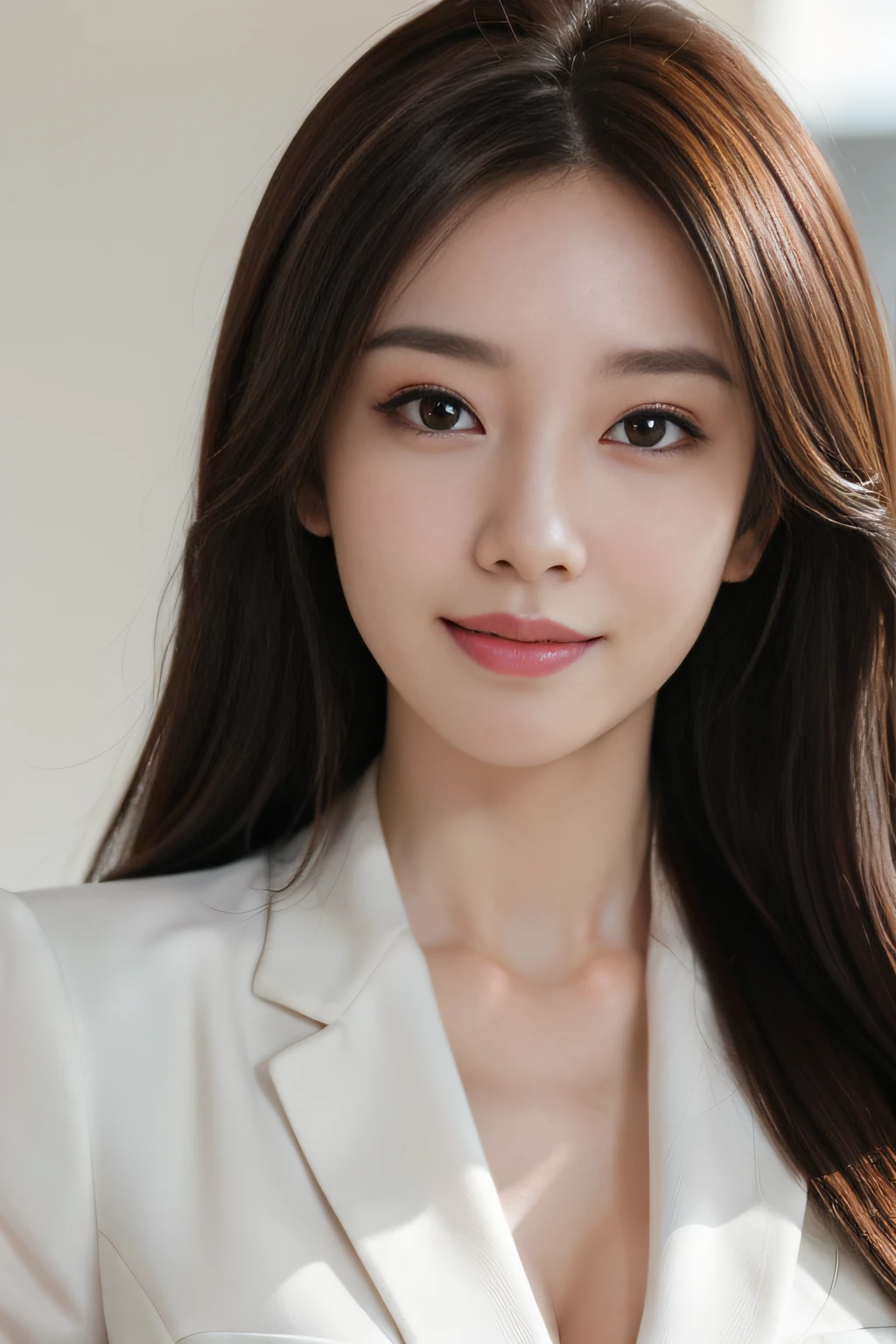 masutepiece, Best Quality, Photorealistic, Ultra-detailed, finely detail, High resolution, 8K Wallpaper, 1 beautiful woman,, light brown messy hair, in a business suit, foco nítido, Perfect dynamic composition, Beautiful detailed eyes, detailed hairs, Detailed realistic skin texture, Smiling, Close-up portrait, Model body type