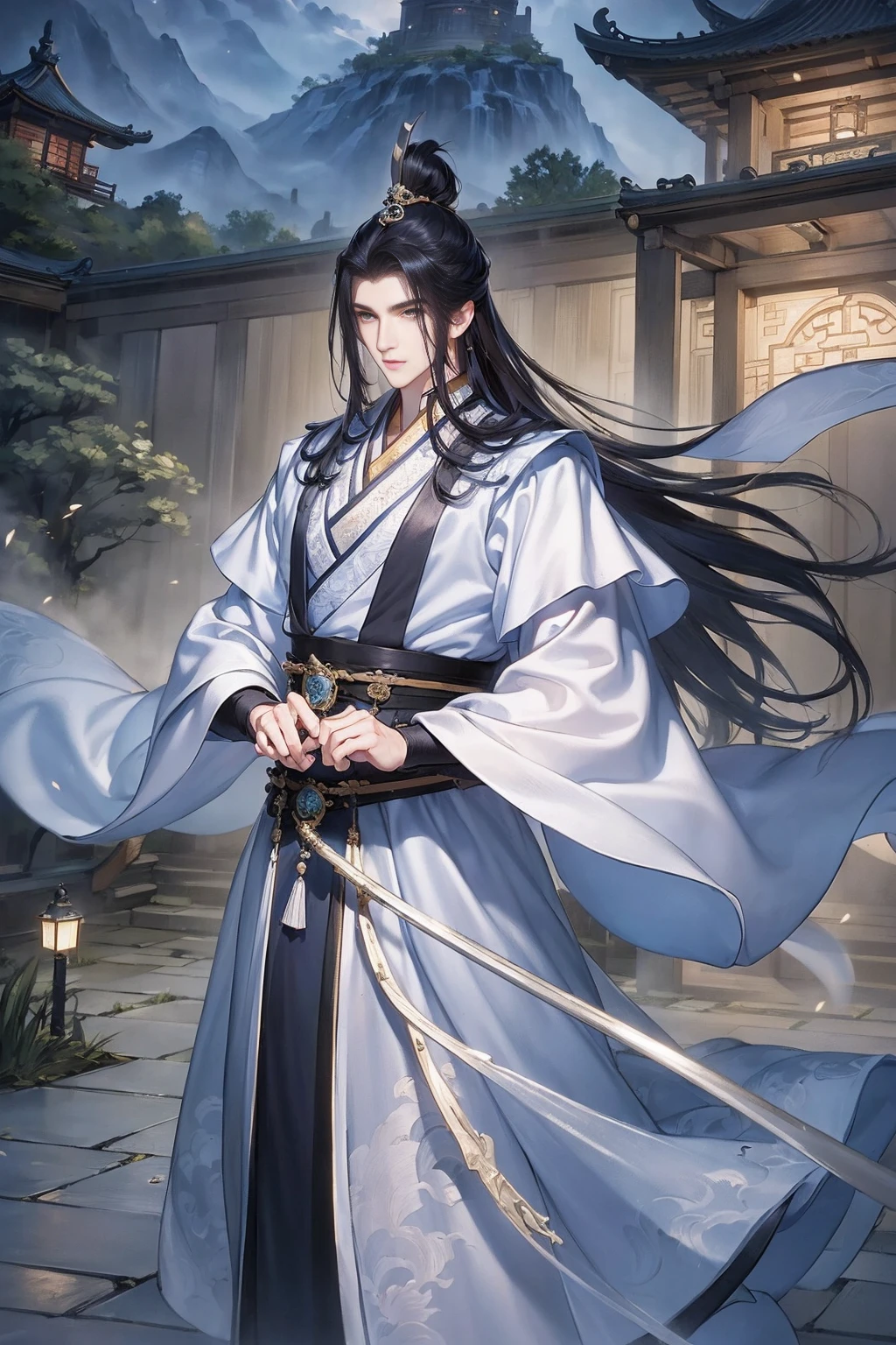 (Best quality,A high resolution,The image  clear:1.2),Ultra detailed backgrounds,Beautiful man standing holding sword，this it，wind blowing through，Chinese style clothes,,Garden scene,under moonlight,waterfall man，Romantic atmosphere,Dutch Angle Shot,gentlesoftlighting,shelmet