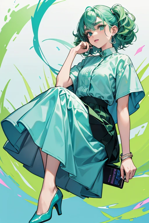 Berrie has a medium build with light green skin. She has curly blue-green hair. She also has grayish teal eyes, faded blue-green and white eyebrows, and soft pink and soft blue-green lipstick. Berrie wears a plain black tee with an iridescent blue-green geometric shirt overtop. She also wears a skirt that makes some references to a DVD case holder, as her skirt holds many blue-green DVD’s inside a plastic flap. For her footwear, she wears black, blue-green and white heels with circular soles. She accessorizes with pearled cube earrings and a black bracelet on her right arm, and her nails are painted blue-green. GLITTER