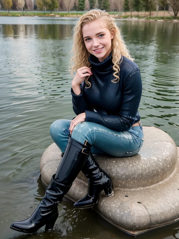 woman outside sitting in a remote lake in (puffy winter coat) and tight sweater and navy blue jeans and stiletto heel boots, ((wet hair)), soaking wet, SoakingWetClothes, (((showboots))), inviting smile,  ((short curly blonde hair)), green eyes