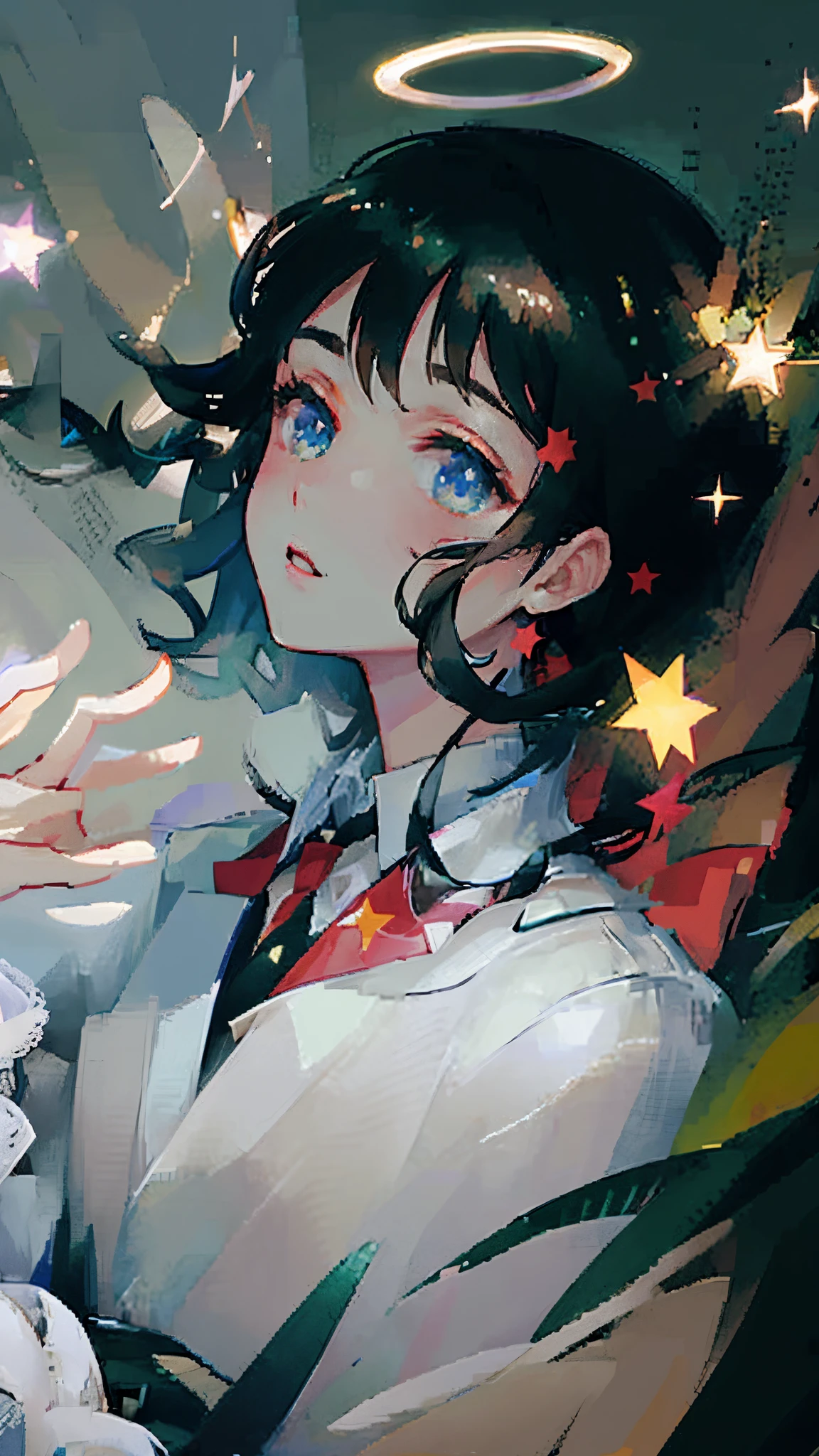 a close up of a woman with a headband with stars on it, with stars, with kind face, wearing angel halo, with accurate face, blurry image, tumblr, face picture, asian face, wearing angel halo covered face, with round face, face  brightly lit, potrait, profile image, stars in her eyes, background  heavenly, non blurry