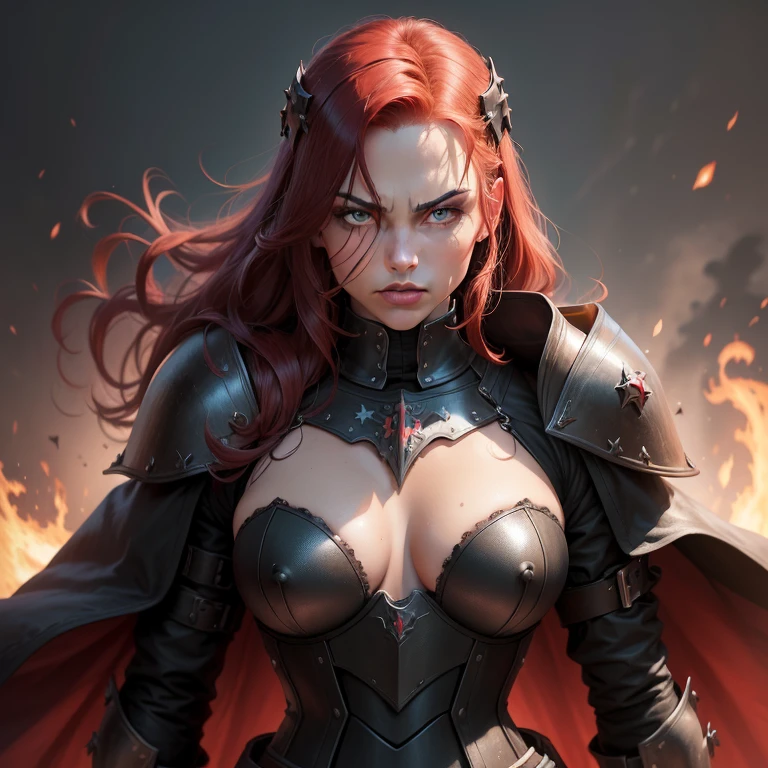 full-length portrait, von Sith-Lord (Krieg der Sterne, beautiful woman with medium sized breasts, tiefer Ausschnitt, fester Hintern, Schwarze Robe), Meisterwerk ((hight resolution)), redhead girl, 26 Jahre alt, rotes lockiges Haar, lockiges Haar, nasty gaze (White teeth), Amazing green eyes, kampfbereit, Lichtschwert in der Hand (Krieg der Sterne, rote Klinge), ((Sauer)), Krieg der Sterne (Lichtschwert rot, In der Hand haltend, ignited, kampfbereit), schwarze klamotten, Sexy Outfit, angry expression on his face (nasty gaze, diabolisch), five fingers on the hand, (mad), (mordouight), Armor on the upper body, rote haare, haare (rot), von Jessica Alba (Gesicht), Wears armor (upper body, Kettenhemd, Plate Armor, Verzierungen, schwarz)