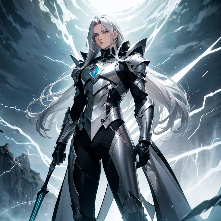 Master piece, 8k, ultra detailed, silver armor, emerald encrusted, slender man, light grey hair, long hair, cyan eyes, haughty face, full body frame, hurricane and lightnings background