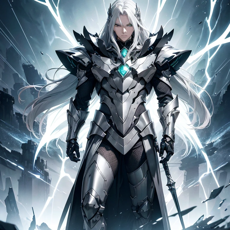 Master piece, 8k, ultra detailed, silver armor, emerald encrusted, slender man, light grey hair, long hair, cyan eyes, haughty face, full body frame, hurricane and lightnings background