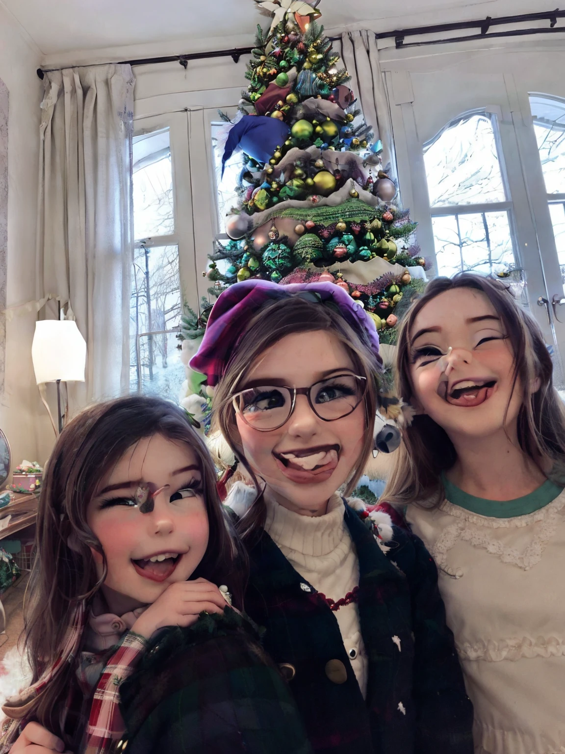 there are three girls that are posing for a picture in front of a christmas tree, with a tree in the background, taken in the early 2020s, very silly looking, family photo, happy!!!, taken in 2 0 2 0, non blurry, having a great time, trees in the background, with chicks, not blurry, snapchat photo, profile pic