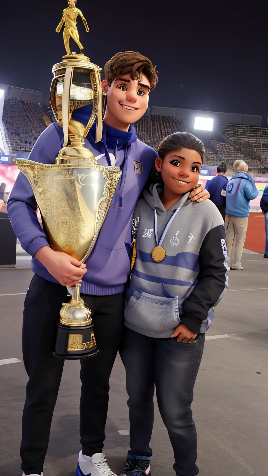 They are in a stadium at night, the boyfriend is holding the trophy with one hand and with the other he is hugging his girlfriend who has a gold medal and is wearing a lead shirt and smiling.