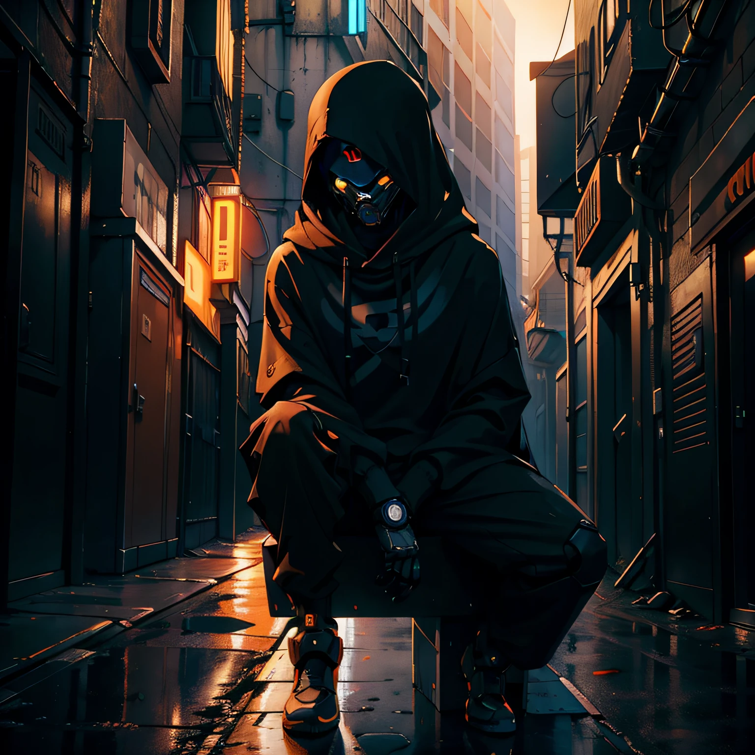 Male robotic humanoid, wearing sweatshirt, hood up, hiding face, dystopian city, orange paint job, nervous, in alleyway, sitting, nighttime, dark, tall, glowing orange eyes, no hair, detailed face, good hands, orange and black clothes, futuristic, warm colors