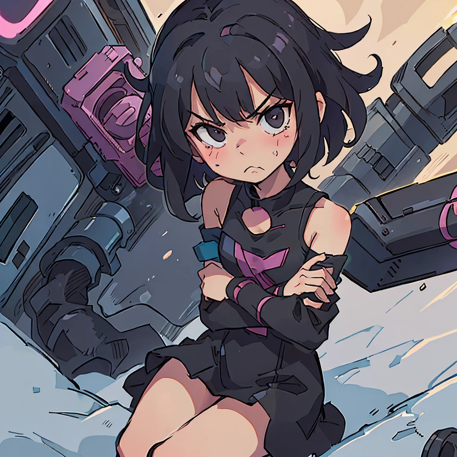 Short, anime, bratty, petite girl, angry, pouty face, shoulder length, black hair, arms crossed