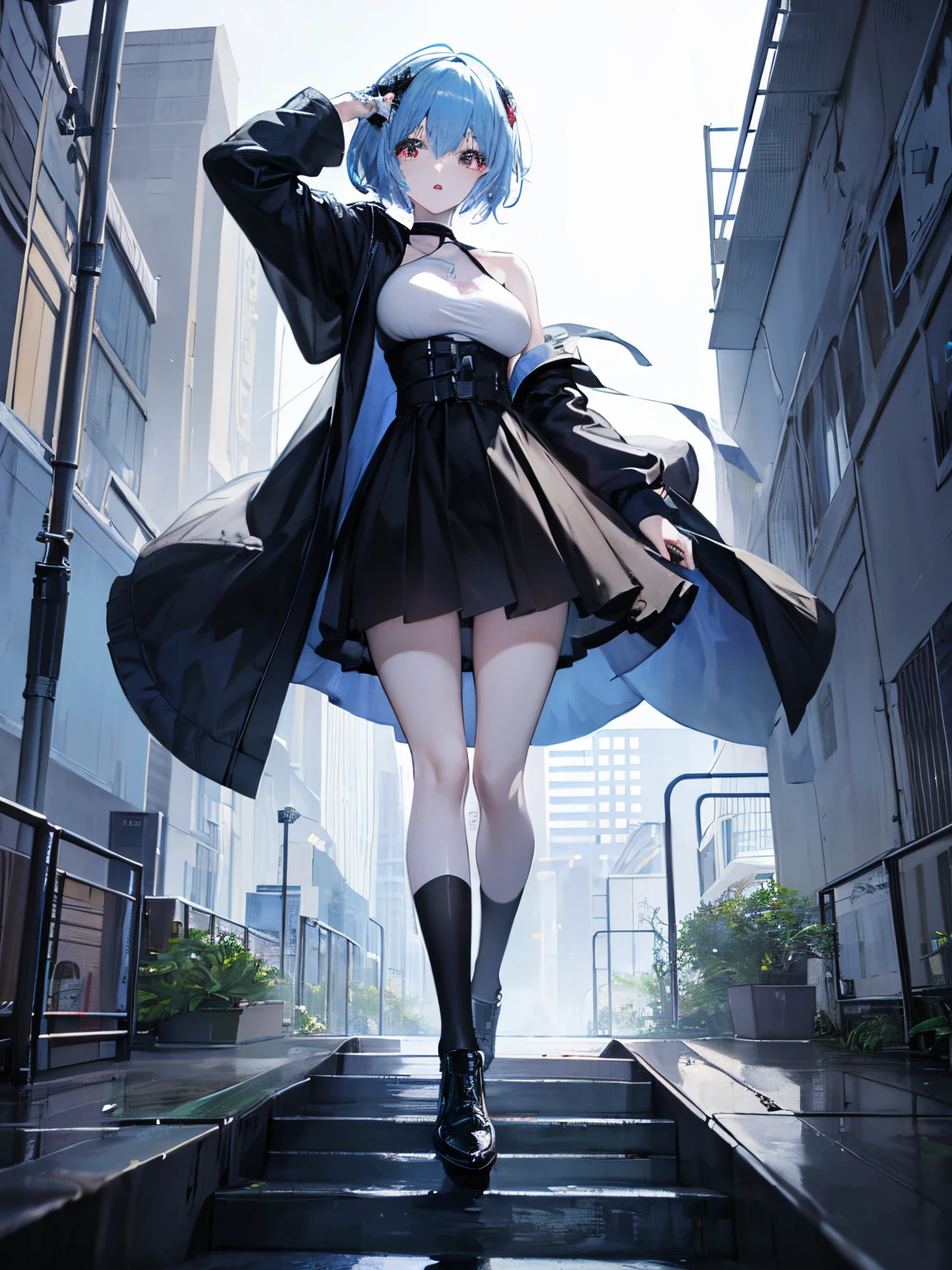 ((masterpiece)), ((best quality)), (ultra-detailed), ((kawaii)), cute, (lovely), ((sexy)), ((extremely detailed)), 4K, (8K), best quality, (beautiful), (anime style:1.2), flat color, painting, BREAK, dynamic pose ((nsfw)), BREAK, upper body, gradation, Beautiful girl with  pale blue hair，with hair dishevelled, short pale blue hair，White pupils，The legs are very thin，The legs are long, red eyelashes, ​MASTERPIECE, BREAK, 1girl ((20 years old)), Rei Ayanami, Black jacket , Black miniskirt, Long stocks, black boots, BREAK, large breasts, Arms Wide open, looking back over shoulder, Smile, open mouth, short hair, (pale blue hair, Deep red Eyes:1.2), Sparkling eyes, (Perfect eyes:1.2), (Perfect iris:1.2), BREAK, (cool), BREAK, shiny-glistening, ultra shiny body, gleaming, Cute face, kawaii, Large breasts, delicate hair, disheveled hair, BREAK,  dark night, full moon, castle, ((low camera angle, ground view)) Tall and tall，Thin, 8k, ultrarealistik, oficial art