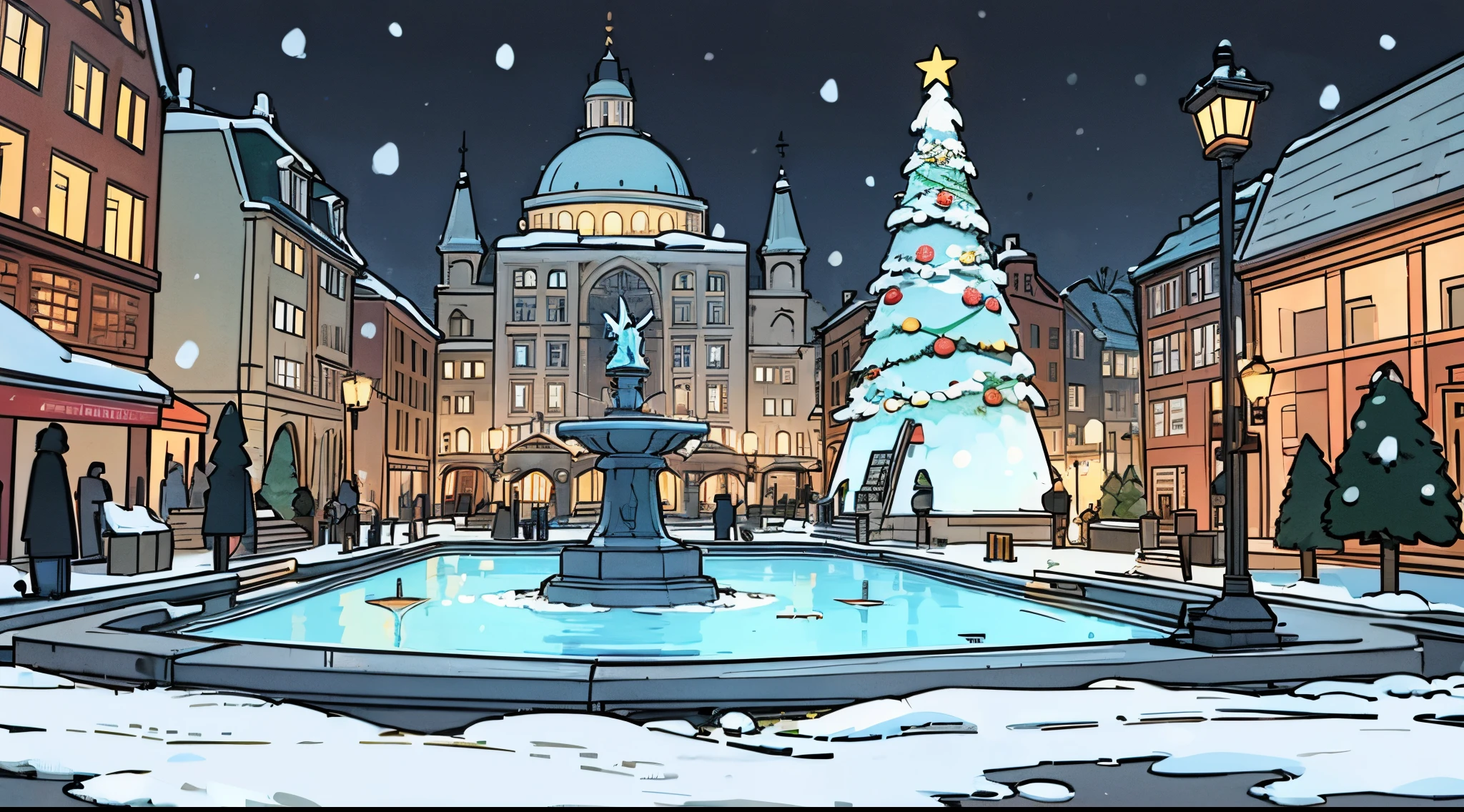 a square with a gray water fountain in the middle front view and a little far away , in the middle of a city with Christmas decorations, the whole place is snowing and covered in snow. cartoon style