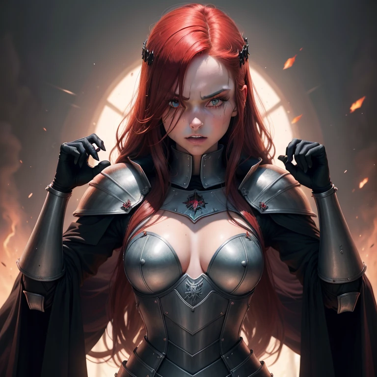 Uma personagem feminina usando capa, cabelos vermelhos curtos, In the midst of the crowd,Eclipse,goth clothing, detalhadas, 8k, magnificent art, dramatic scene, Red eclipse at the top of the image, Gothic armor with red details, Vampiro, fluttering cover.