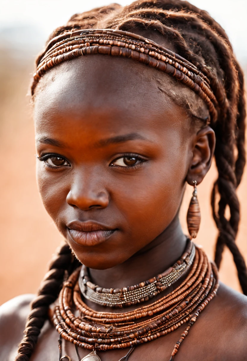 Close-up, Beautiful African girl 28 y. o. from the Himba tribe. Small braids around the head, jewelry made of small beads and copper details, authentic clothing fabric, pronounced natural texture of the facial skin, high-quality photo by National