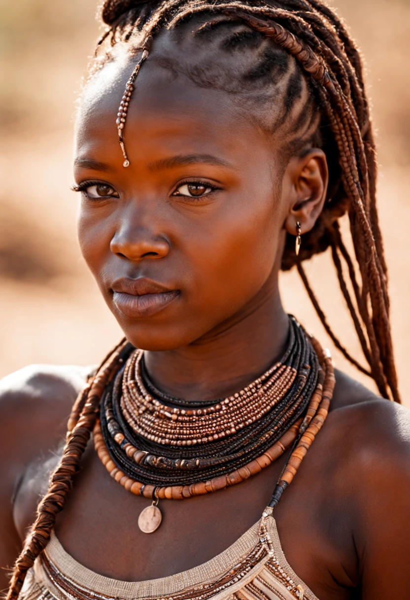 Close-up, Beautiful African girl 28 y. o. from the Himba tribe. Small braids around the head, jewelry made of small beads and copper details, authentic clothing fabric, pronounced natural texture of the facial skin, high-quality photo by National