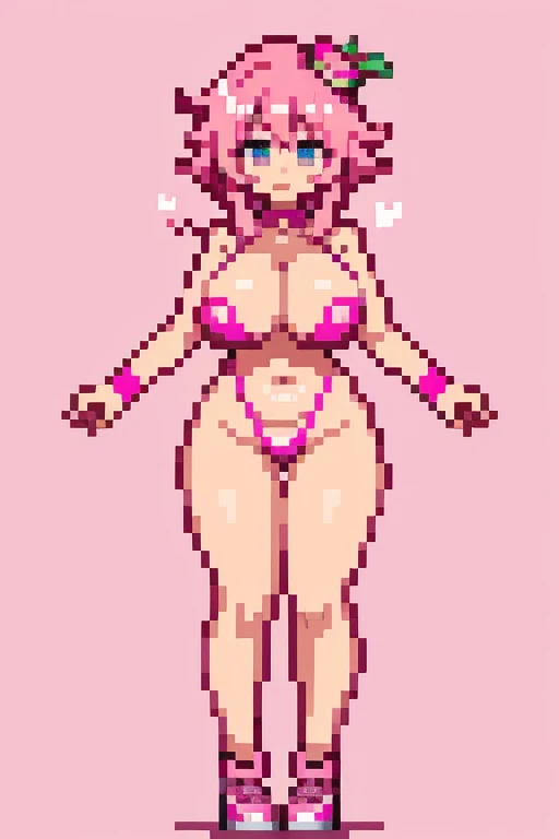 pink slime girl, tall, bright pink skin, large breasts, full body, cute, hearts, pink skin, cute outfit