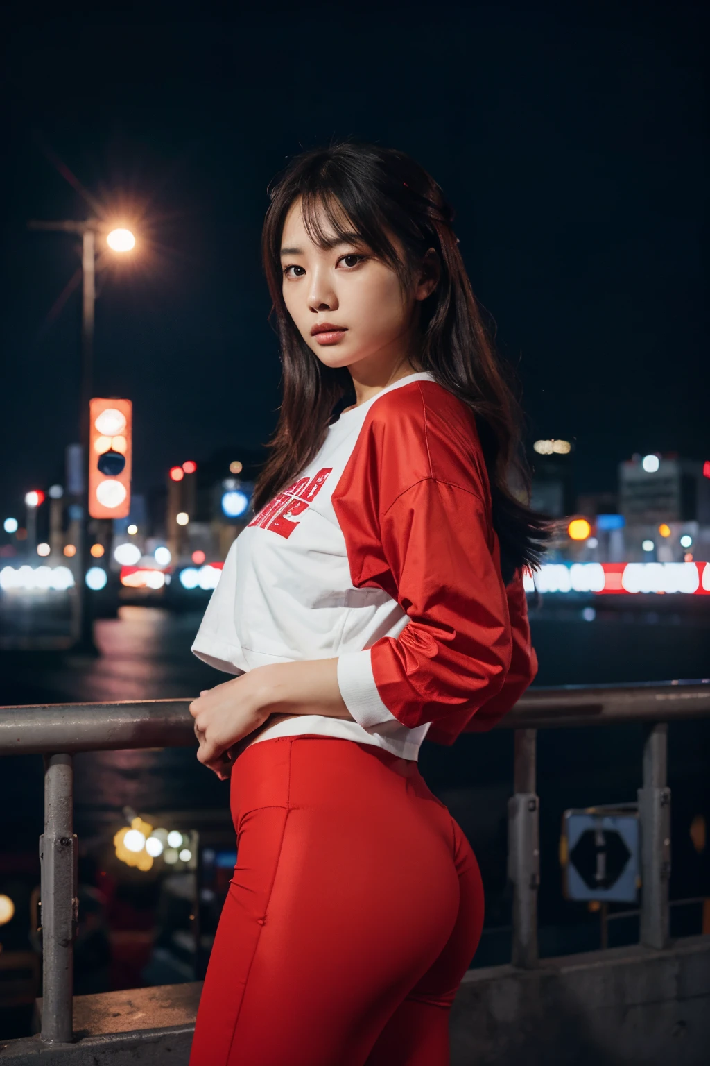 a Korean woman, wearing bright red leggings, urban setting, confident, stylish, dynamic, city lights, cool tones, Nikon Z6, 35mm lens, medium shot --ar 16:9 --v 5.2, urban setting, confident, stylish, dynamic, city lights, cool tones, Nikon Z6, 35mm lens, medium shot --ar 16:9 --v 5.2