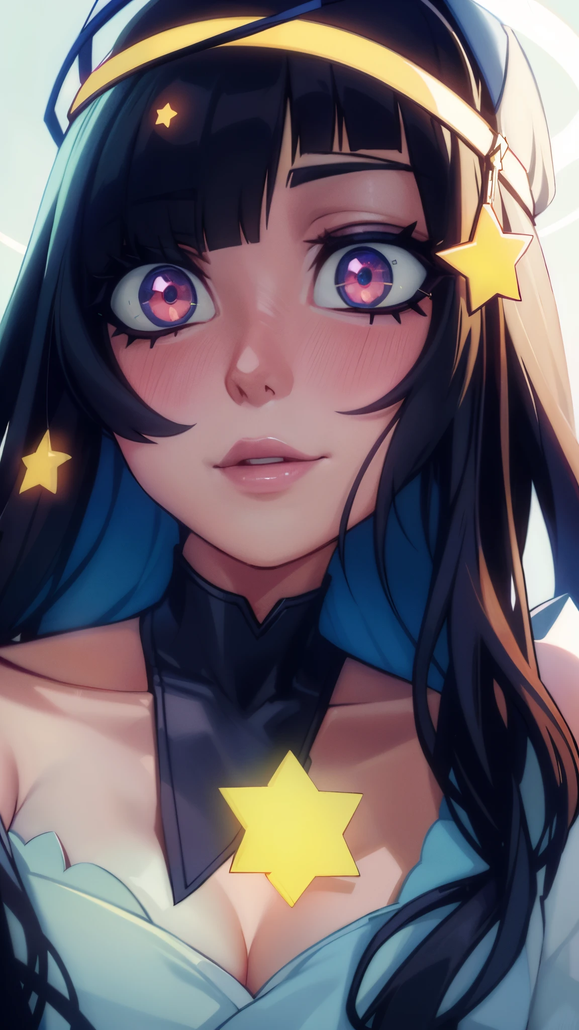 a close up of a woman with a headband with stars on it, with stars, with kind face, wearing angel halo, with accurate face, blurry image, tumblr, face picture, asian face, wearing angel halo covered face, with round face, face brightly lit, potrait, profile image, stars in her eyes, background heavenly, non blurry