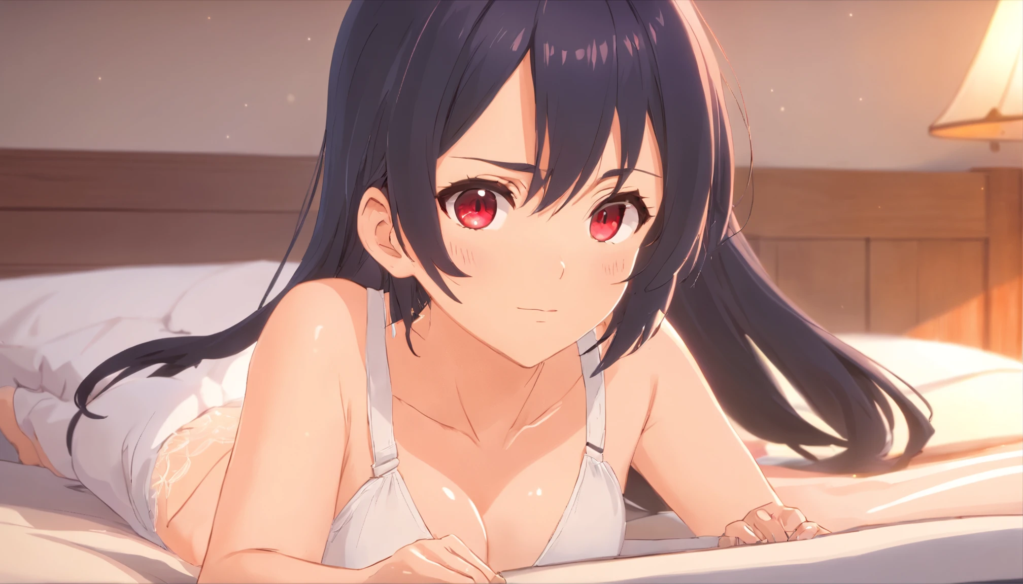 Detailed caricature, young white girl，Black straight hair，Crimson eyes, porcelain white skin, Full body lesbian, Big breasts with white suspender pajamas, Lie down in bed，high high quality, A high resolution, 8K, hdd, (Well-designed body), amazing body, (ultra - detailed), pretty eyes, ultra - detailed, hyper realisitc, Upper body, NSFW, 's, Big breasts that expose the , girl, , Naughty girl,