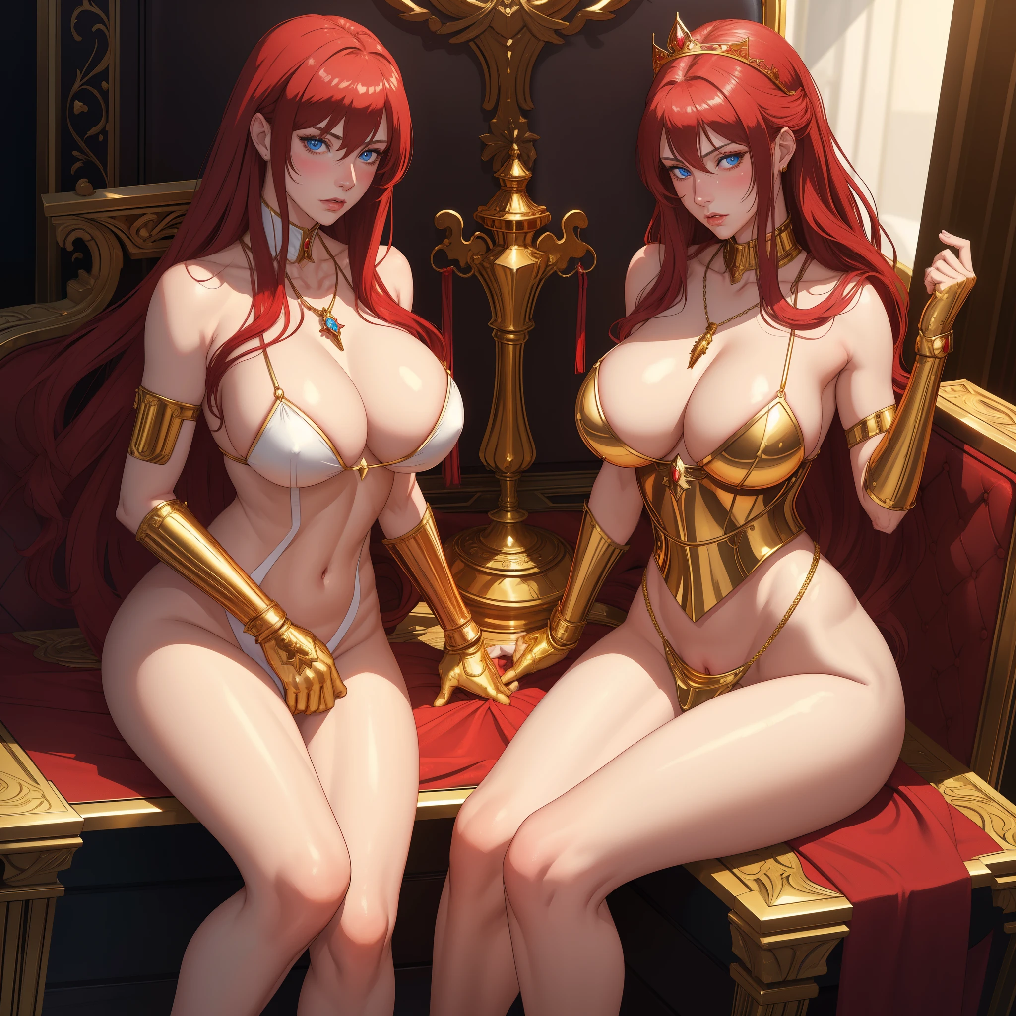 (Masterpiece)), 8k wallpaper, realistic art, cowboy shot,red long hair, blue eyes, (huge :1.2),milf,beful female model, white dress,stylish, golden necklace, glossy lips, glossy skin, thighs,hands between breasts,embd, embarrassed pose,looking at viewer, blushing,queen tiara, sitting on throne, (two male servants standing on her right and left side:1.2).